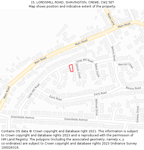 15, LORDSMILL ROAD, SHAVINGTON, CREWE, CW2 5ET: Location map and indicative extent of plot