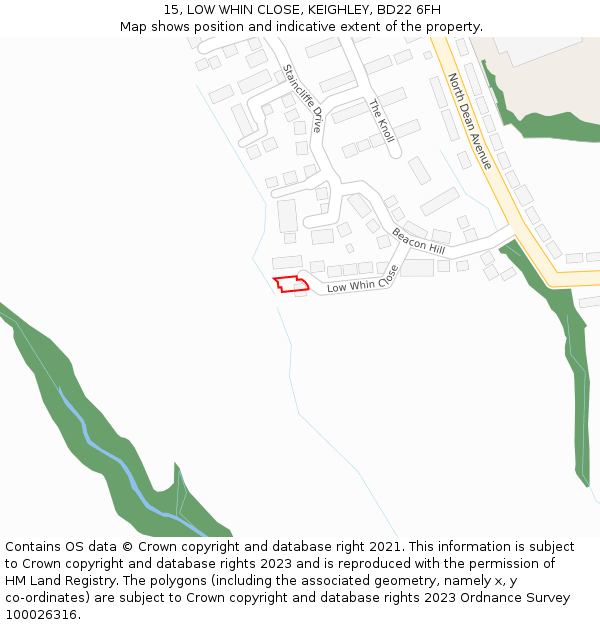 15, LOW WHIN CLOSE, KEIGHLEY, BD22 6FH: Location map and indicative extent of plot