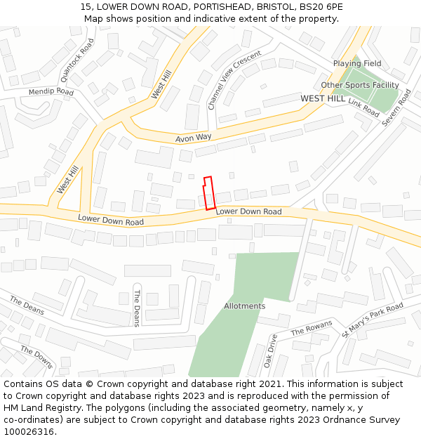 15, LOWER DOWN ROAD, PORTISHEAD, BRISTOL, BS20 6PE: Location map and indicative extent of plot