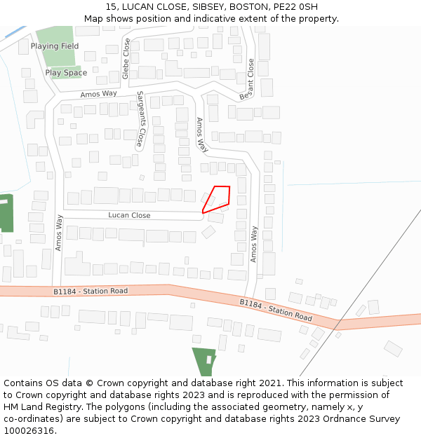 15, LUCAN CLOSE, SIBSEY, BOSTON, PE22 0SH: Location map and indicative extent of plot