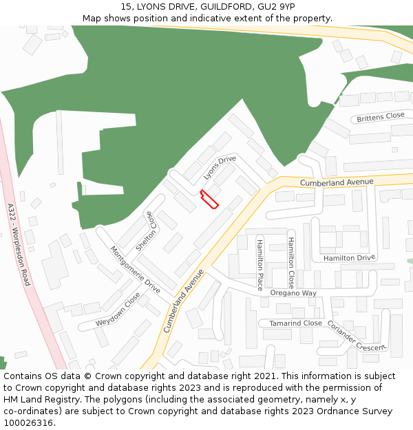 15, LYONS DRIVE, GUILDFORD, GU2 9YP: Location map and indicative extent of plot