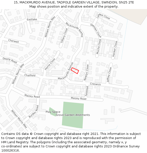 15, MACKMURDO AVENUE, TADPOLE GARDEN VILLAGE, SWINDON, SN25 2TE: Location map and indicative extent of plot