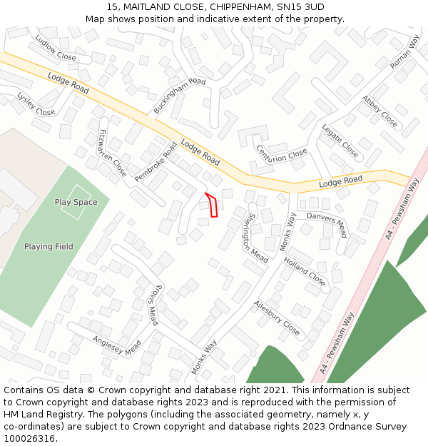 15, MAITLAND CLOSE, CHIPPENHAM, SN15 3UD: Location map and indicative extent of plot