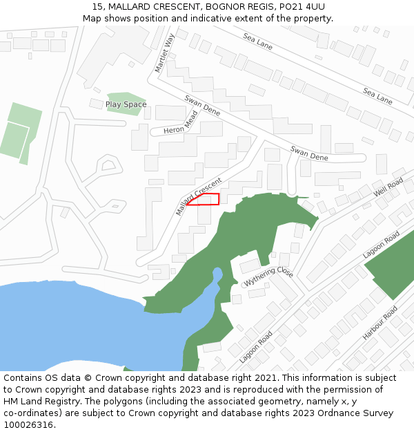 15, MALLARD CRESCENT, BOGNOR REGIS, PO21 4UU: Location map and indicative extent of plot