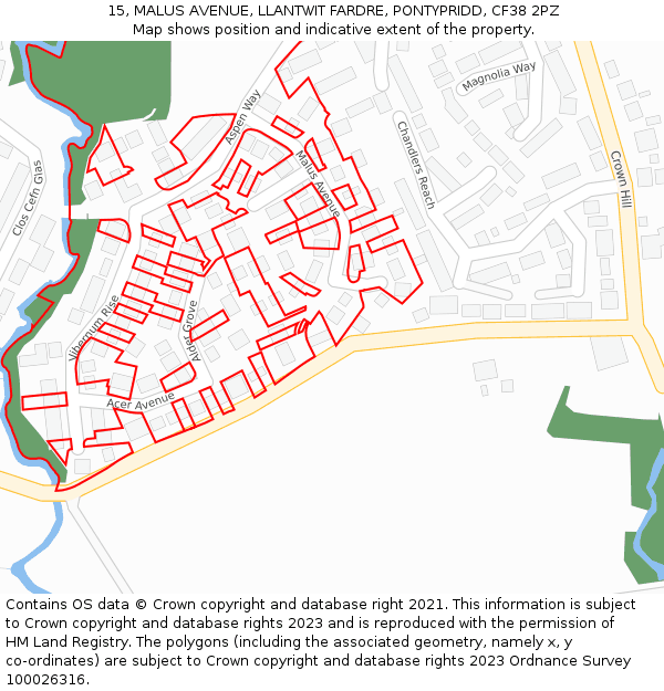 15, MALUS AVENUE, LLANTWIT FARDRE, PONTYPRIDD, CF38 2PZ: Location map and indicative extent of plot