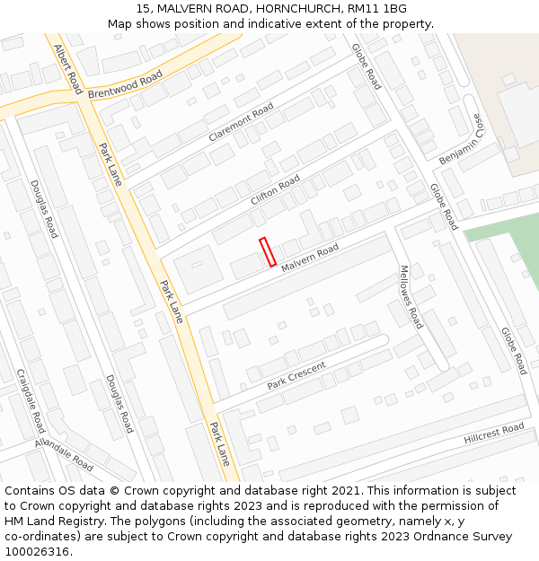 15, MALVERN ROAD, HORNCHURCH, RM11 1BG: Location map and indicative extent of plot