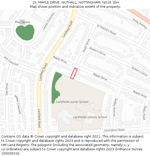 15, MAPLE DRIVE, NUTHALL, NOTTINGHAM, NG16 1EH: Location map and indicative extent of plot