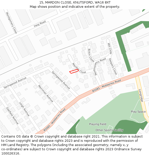 15, MARDON CLOSE, KNUTSFORD, WA16 8XT: Location map and indicative extent of plot