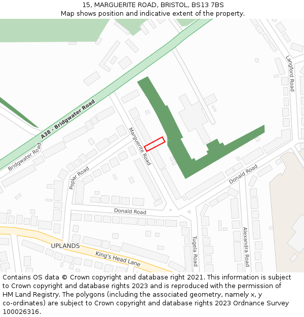 15, MARGUERITE ROAD, BRISTOL, BS13 7BS: Location map and indicative extent of plot