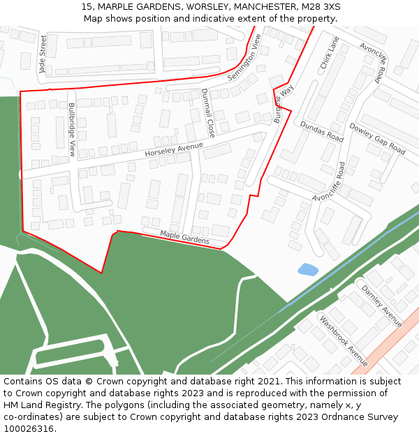 15, MARPLE GARDENS, WORSLEY, MANCHESTER, M28 3XS: Location map and indicative extent of plot