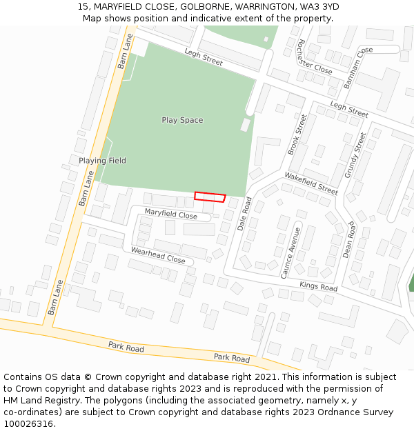 15, MARYFIELD CLOSE, GOLBORNE, WARRINGTON, WA3 3YD: Location map and indicative extent of plot