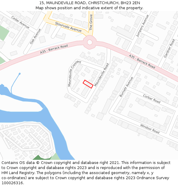 15, MAUNDEVILLE ROAD, CHRISTCHURCH, BH23 2EN: Location map and indicative extent of plot