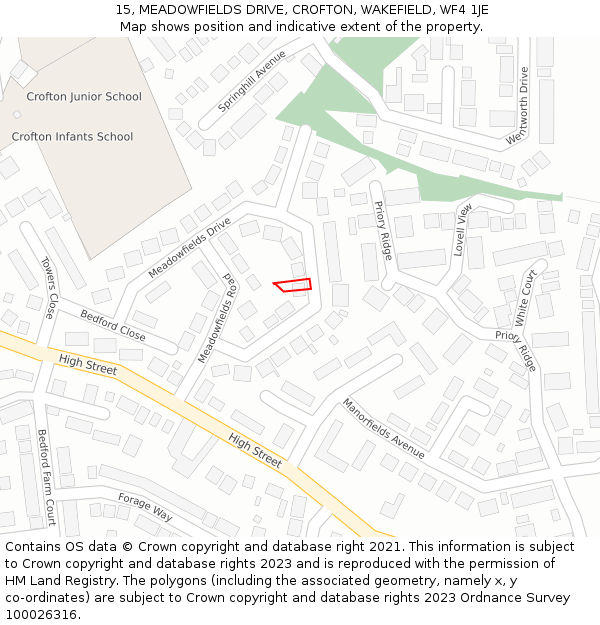 15, MEADOWFIELDS DRIVE, CROFTON, WAKEFIELD, WF4 1JE: Location map and indicative extent of plot