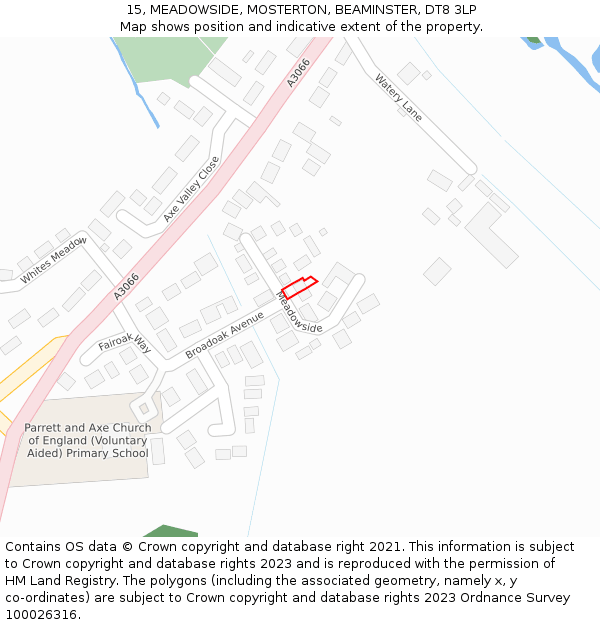 15, MEADOWSIDE, MOSTERTON, BEAMINSTER, DT8 3LP: Location map and indicative extent of plot