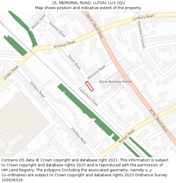 15, MEMORIAL ROAD, LUTON, LU3 2QU: Location map and indicative extent of plot