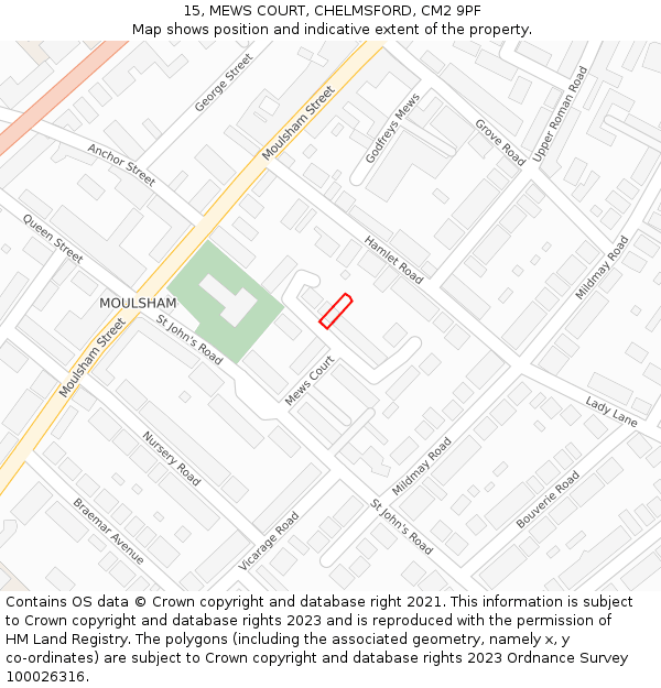 15, MEWS COURT, CHELMSFORD, CM2 9PF: Location map and indicative extent of plot