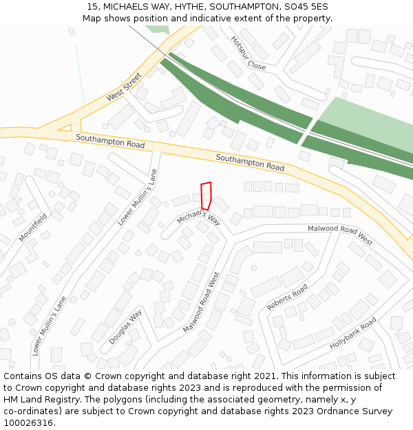 15, MICHAELS WAY, HYTHE, SOUTHAMPTON, SO45 5ES: Location map and indicative extent of plot