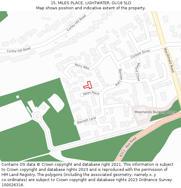 15, MILES PLACE, LIGHTWATER, GU18 5LD: Location map and indicative extent of plot