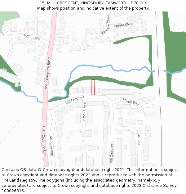 15, MILL CRESCENT, KINGSBURY, TAMWORTH, B78 2LX: Location map and indicative extent of plot