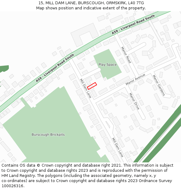 15, MILL DAM LANE, BURSCOUGH, ORMSKIRK, L40 7TG: Location map and indicative extent of plot