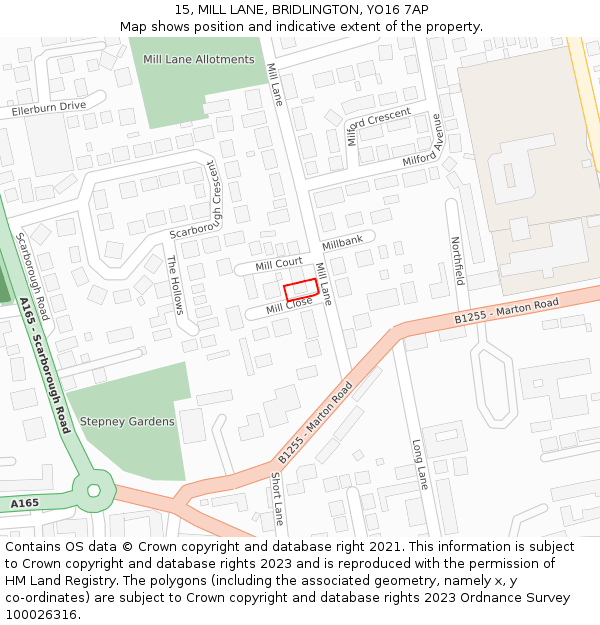 15, MILL LANE, BRIDLINGTON, YO16 7AP: Location map and indicative extent of plot