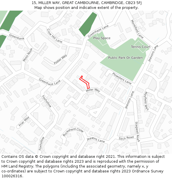 15, MILLER WAY, GREAT CAMBOURNE, CAMBRIDGE, CB23 5FJ: Location map and indicative extent of plot