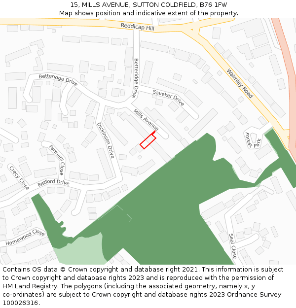 15, MILLS AVENUE, SUTTON COLDFIELD, B76 1FW: Location map and indicative extent of plot