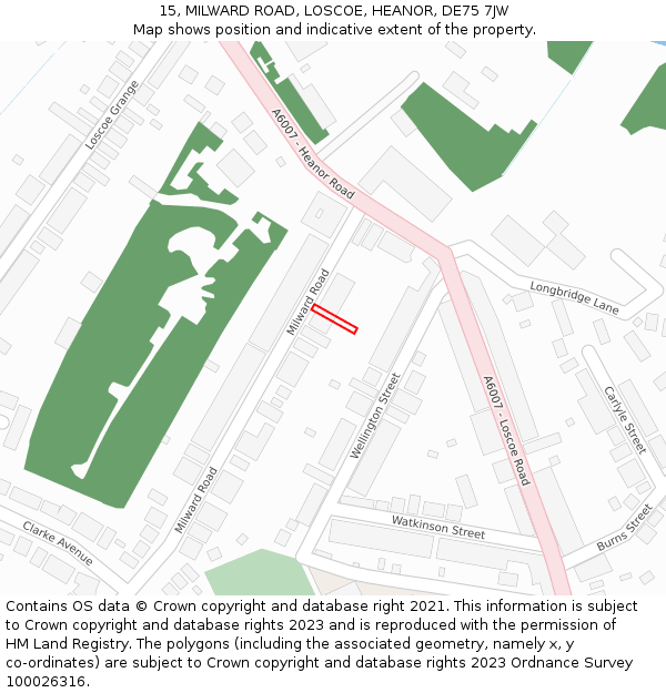 15, MILWARD ROAD, LOSCOE, HEANOR, DE75 7JW: Location map and indicative extent of plot