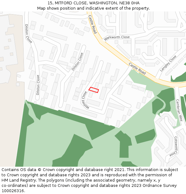 15, MITFORD CLOSE, WASHINGTON, NE38 0HA: Location map and indicative extent of plot