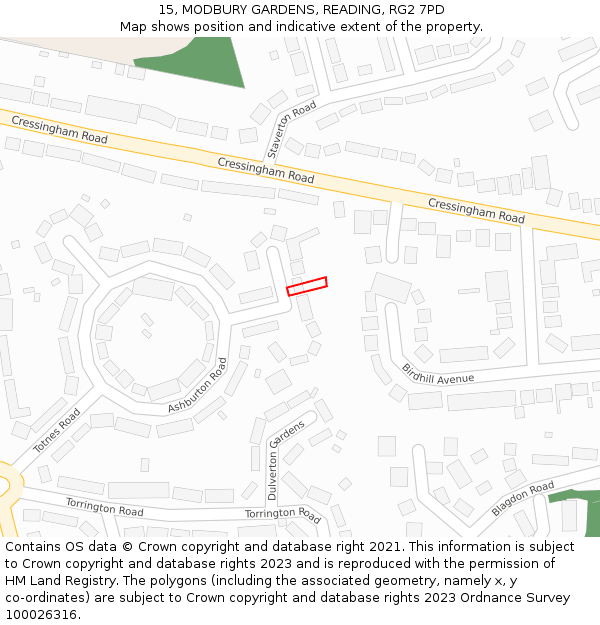 15, MODBURY GARDENS, READING, RG2 7PD: Location map and indicative extent of plot