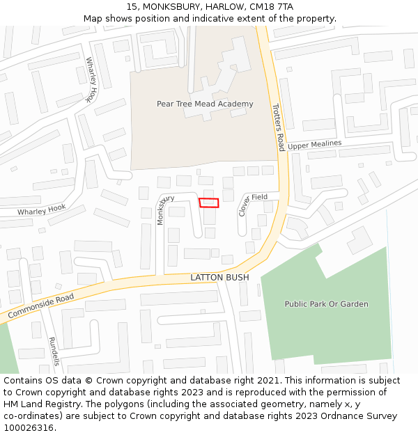 15, MONKSBURY, HARLOW, CM18 7TA: Location map and indicative extent of plot