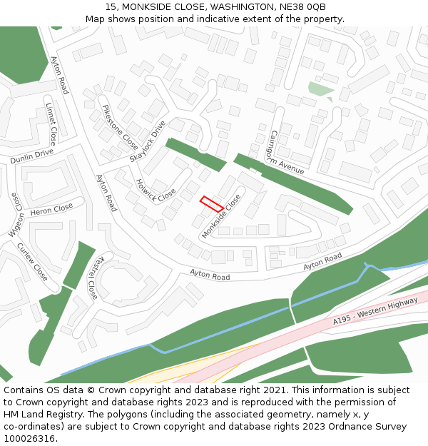 15, MONKSIDE CLOSE, WASHINGTON, NE38 0QB: Location map and indicative extent of plot