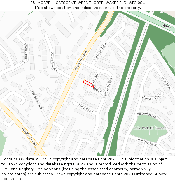 15, MORRELL CRESCENT, WRENTHORPE, WAKEFIELD, WF2 0SU: Location map and indicative extent of plot