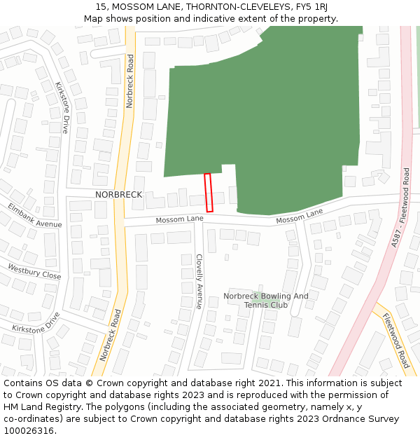 15, MOSSOM LANE, THORNTON-CLEVELEYS, FY5 1RJ: Location map and indicative extent of plot