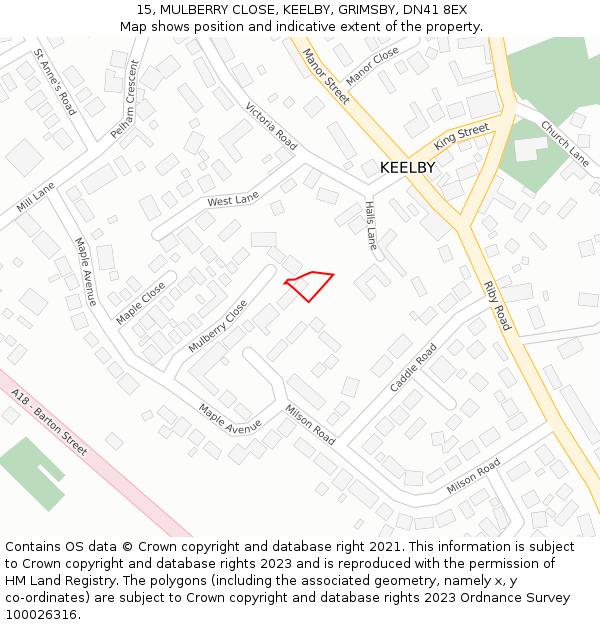 15, MULBERRY CLOSE, KEELBY, GRIMSBY, DN41 8EX: Location map and indicative extent of plot