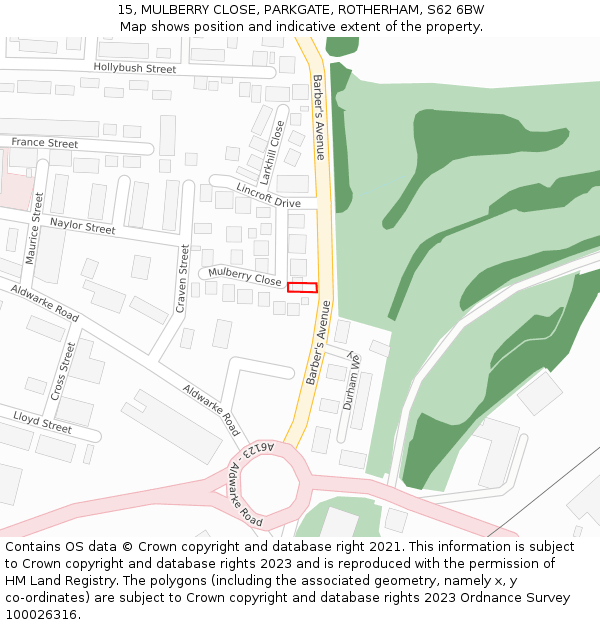 15, MULBERRY CLOSE, PARKGATE, ROTHERHAM, S62 6BW: Location map and indicative extent of plot