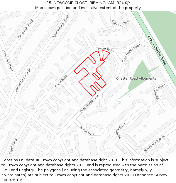 15, NEWCOME CLOSE, BIRMINGHAM, B24 0JY: Location map and indicative extent of plot