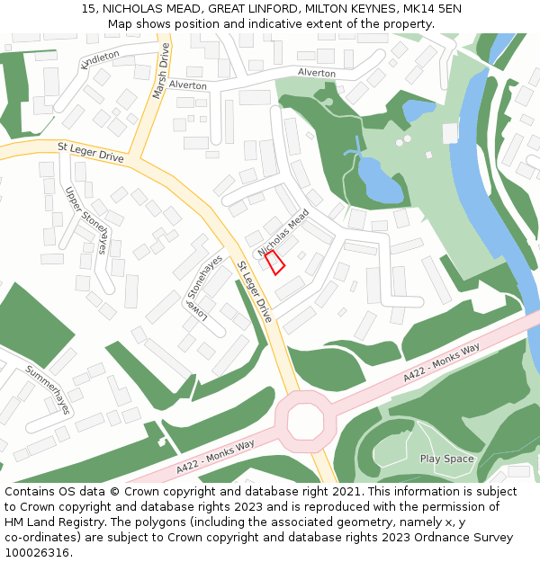 15, NICHOLAS MEAD, GREAT LINFORD, MILTON KEYNES, MK14 5EN: Location map and indicative extent of plot