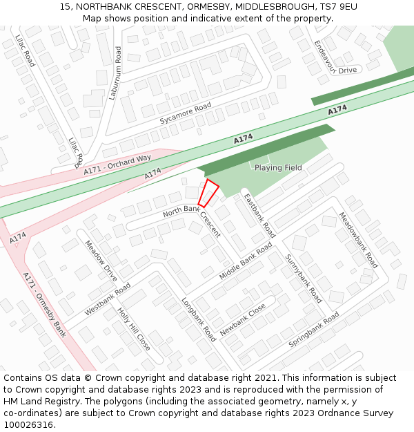 15, NORTHBANK CRESCENT, ORMESBY, MIDDLESBROUGH, TS7 9EU: Location map and indicative extent of plot