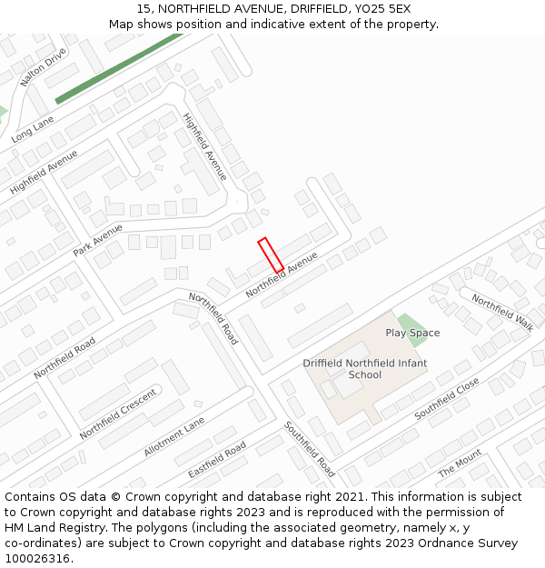 15, NORTHFIELD AVENUE, DRIFFIELD, YO25 5EX: Location map and indicative extent of plot