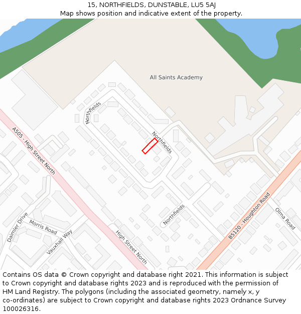 15, NORTHFIELDS, DUNSTABLE, LU5 5AJ: Location map and indicative extent of plot