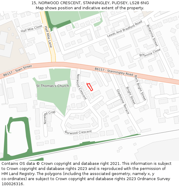 15, NORWOOD CRESCENT, STANNINGLEY, PUDSEY, LS28 6NG: Location map and indicative extent of plot