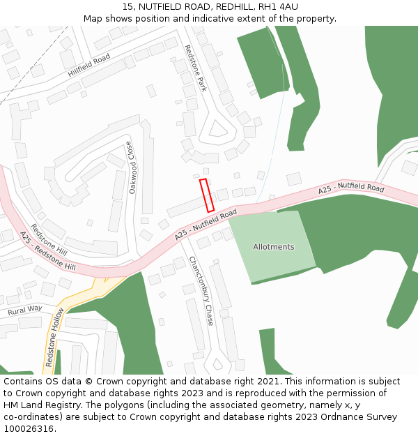 15, NUTFIELD ROAD, REDHILL, RH1 4AU: Location map and indicative extent of plot