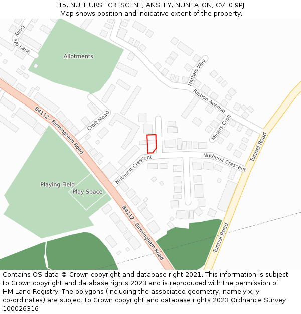 15, NUTHURST CRESCENT, ANSLEY, NUNEATON, CV10 9PJ: Location map and indicative extent of plot