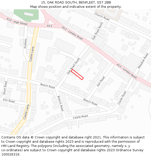 15, OAK ROAD SOUTH, BENFLEET, SS7 2BB: Location map and indicative extent of plot