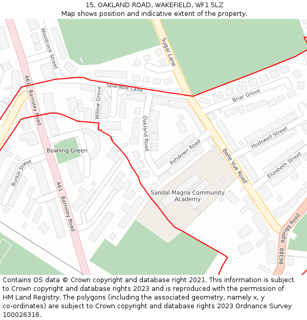 15, OAKLAND ROAD, WAKEFIELD, WF1 5LZ: Location map and indicative extent of plot