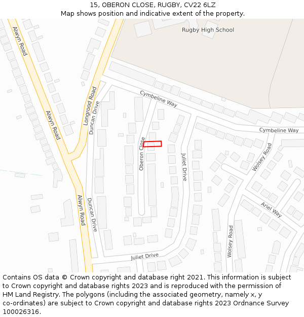 15, OBERON CLOSE, RUGBY, CV22 6LZ: Location map and indicative extent of plot