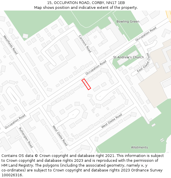 15, OCCUPATION ROAD, CORBY, NN17 1EB: Location map and indicative extent of plot