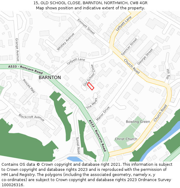 15, OLD SCHOOL CLOSE, BARNTON, NORTHWICH, CW8 4GR: Location map and indicative extent of plot