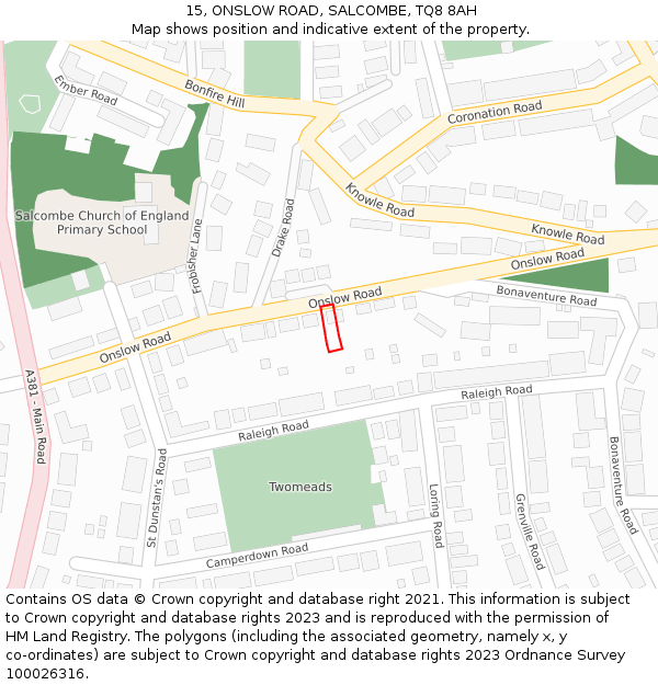 15, ONSLOW ROAD, SALCOMBE, TQ8 8AH: Location map and indicative extent of plot